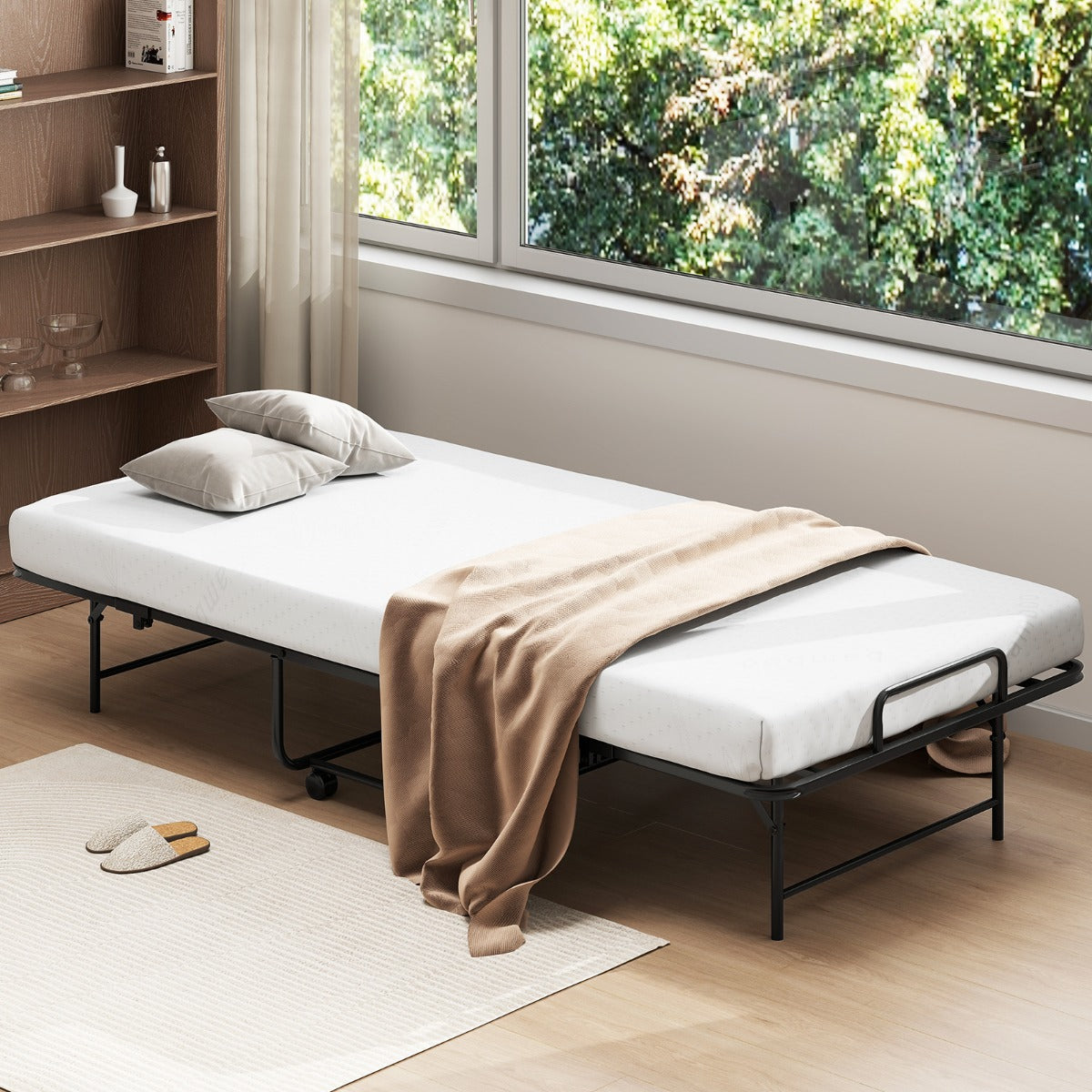 Cama Dobrável Portátil com Estrutura Metálica, Colchão e Rodas Bloqueáveis 194 x 90 x 40 cm Branco