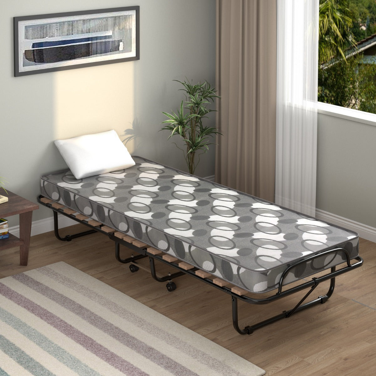 Cama Dobrável com Colchão Cama para Hóspedes Portátil com Rodas em Espuma de Memória Estrutura em Aço 190 x 80 x 33 cm - Cinzento