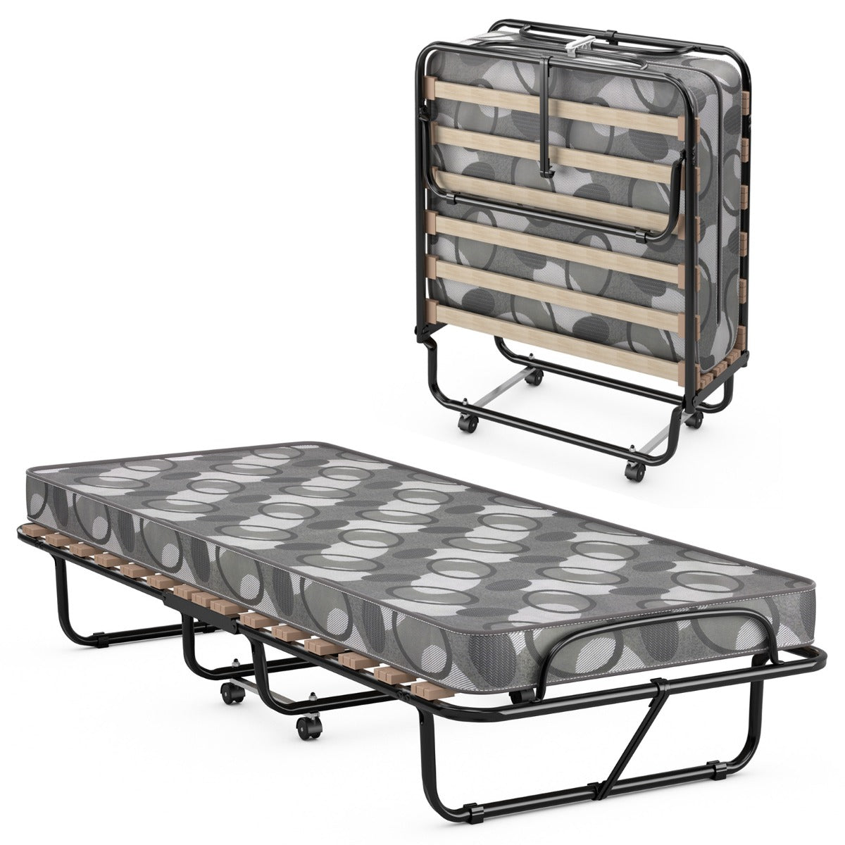 Cama Dobrável com Colchão Cama para Hóspedes Portátil com Rodas em Espuma de Memória Estrutura em Aço 190 x 80 x 33 cm - Cinzento