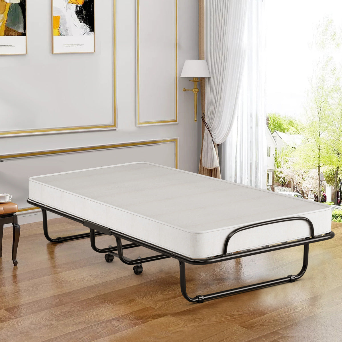 Cama Dobrável com Colchão de Espuma de Memória Estrutura Metálica 4 Rodas Cama Individual Portátil para Escritório