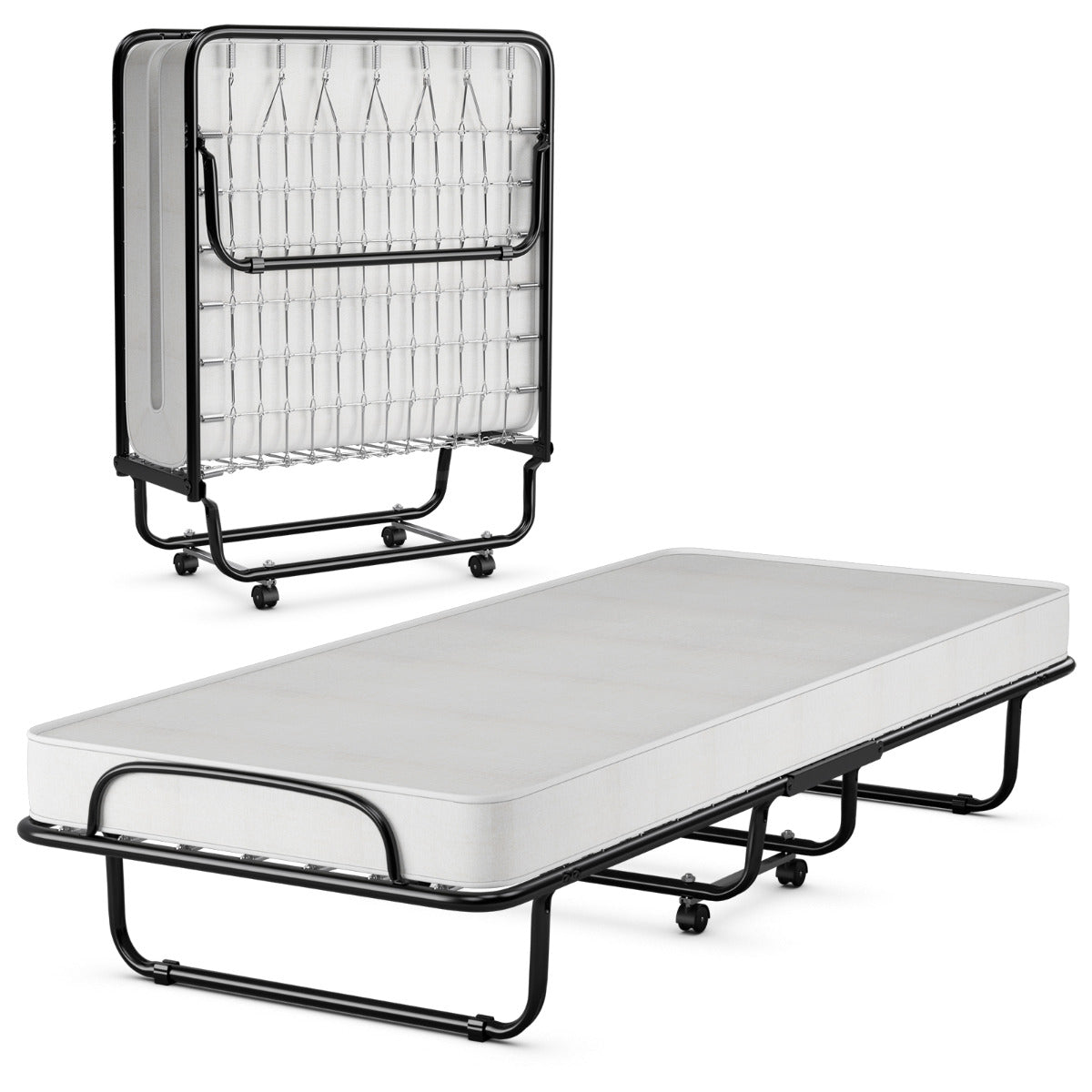 Cama Dobrável com Colchão de Espuma de Memória Estrutura Metálica 4 Rodas Cama Individual Portátil para Escritório