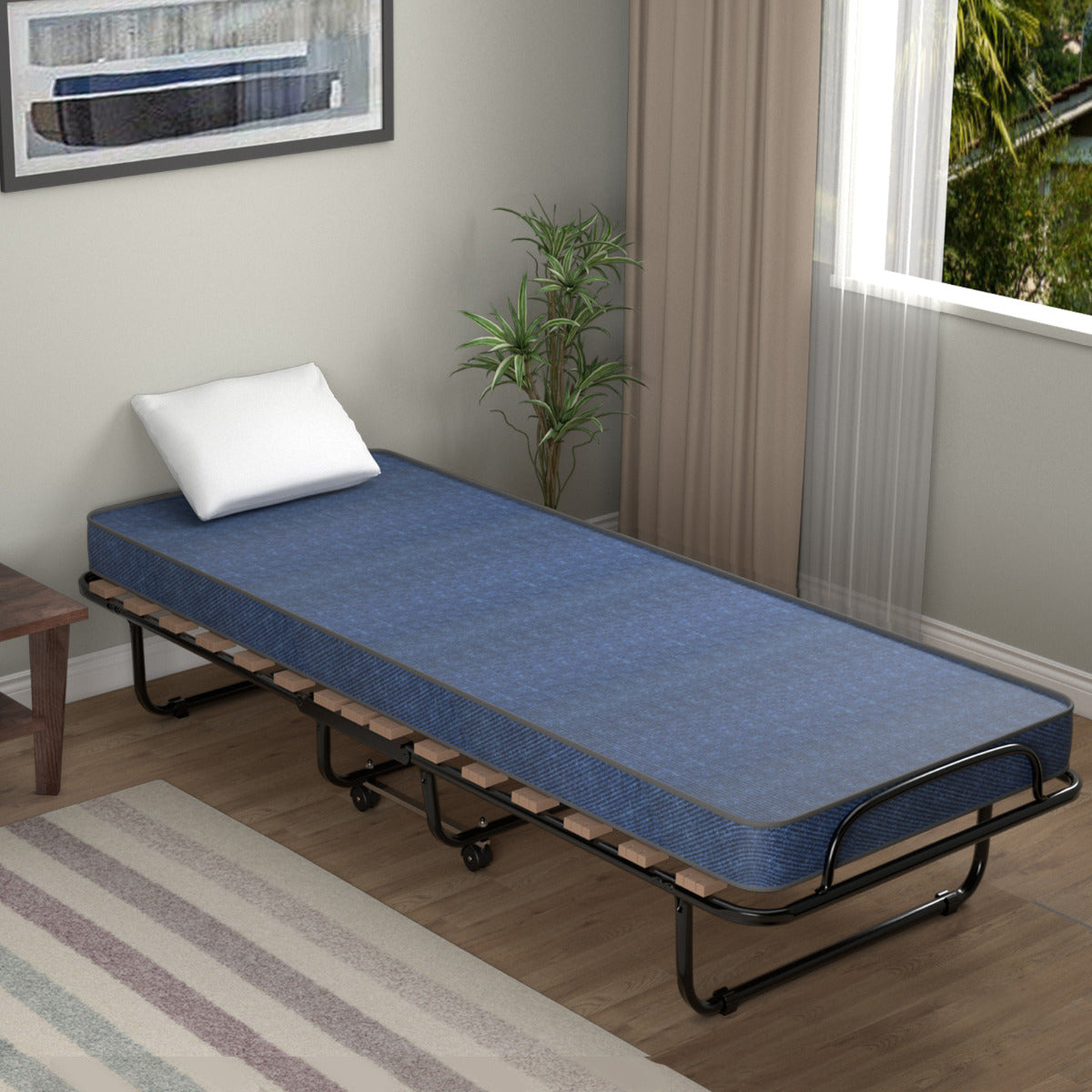 Cama Plegável com Colchão Cama para Hóspedes Portátil em Espuma de Memória Estrutura em Aço 190 x 80 x 33 cm Azul