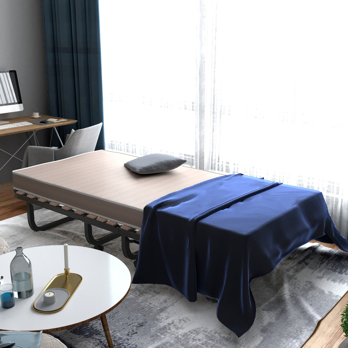 Cama Dobrável com Colchão de Espuma de Memória Rodas Estrutura Metálica Cama Portátil para Hóspedes Escritório 200 x 80 x 40 cm Bege