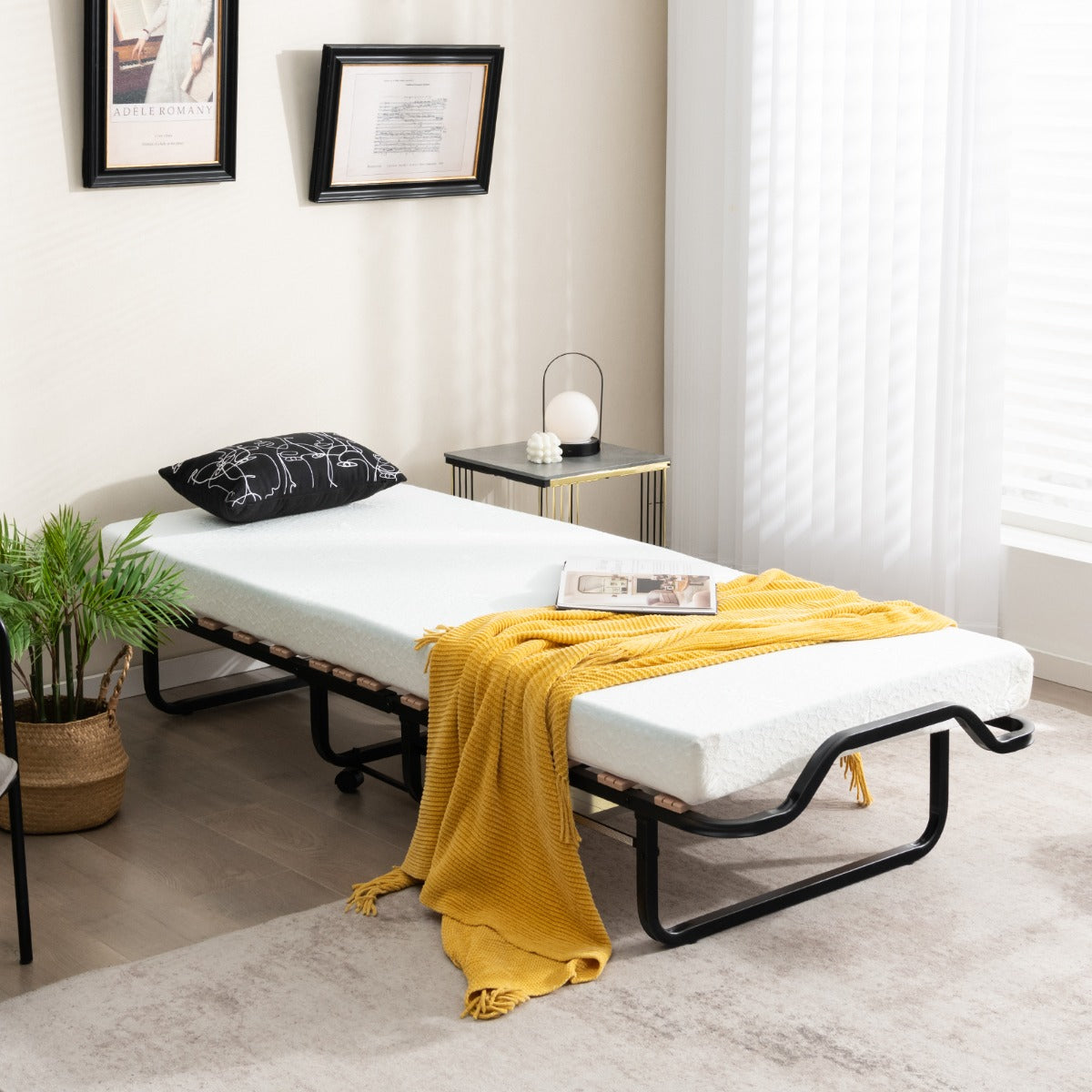 Cama Dobrável com Colchão de Espuma e 2 Rodas com Travão cama de hóspedes desmontável 199 x 78 x 37 cm Branco e Preto