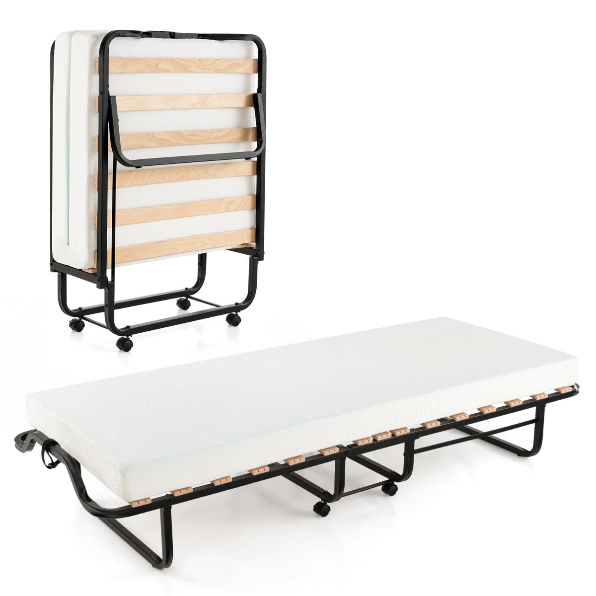 Cama Dobrável com Colchão de Espuma e 2 Rodas com Travão cama de hóspedes desmontável 199 x 78 x 37 cm Branco e Preto
