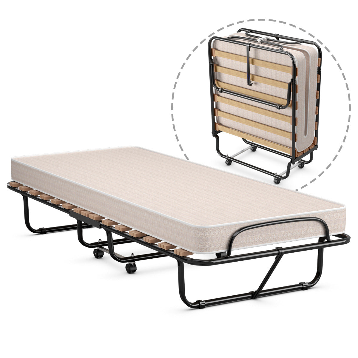 Cama Dobrável Individual com Colchão de Espuma Viscoelástica Estrutura Metálica Cama Portátil para Hóspedes, Acampamentos, Escritórios 80 x 190 x 39 cm Bege