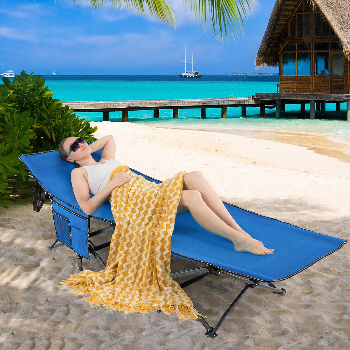 Cama Dobrável para Campismo Suporta 272 kg com Encosto de Cabeça Inclinado Portátil para Viagens Caminhadas Sestas no Escritório 185x67x54 cm Azul