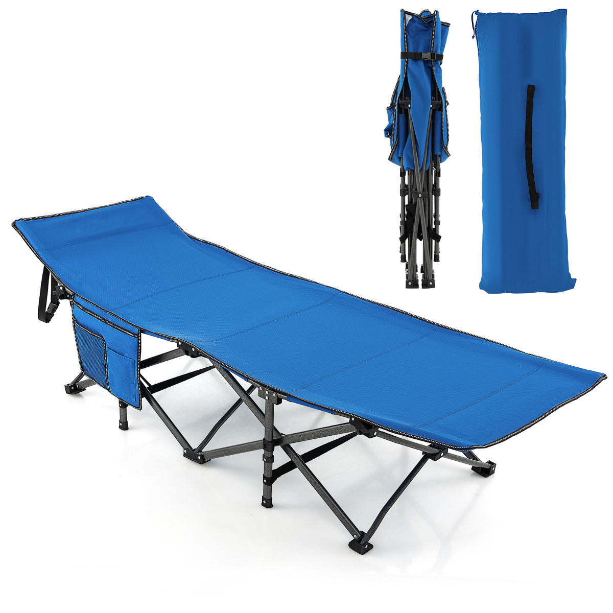 Cama Dobrável para Campismo Suporta 272 kg com Encosto de Cabeça Inclinado Portátil para Viagens Caminhadas Sestas no Escritório 185x67x54 cm Azul