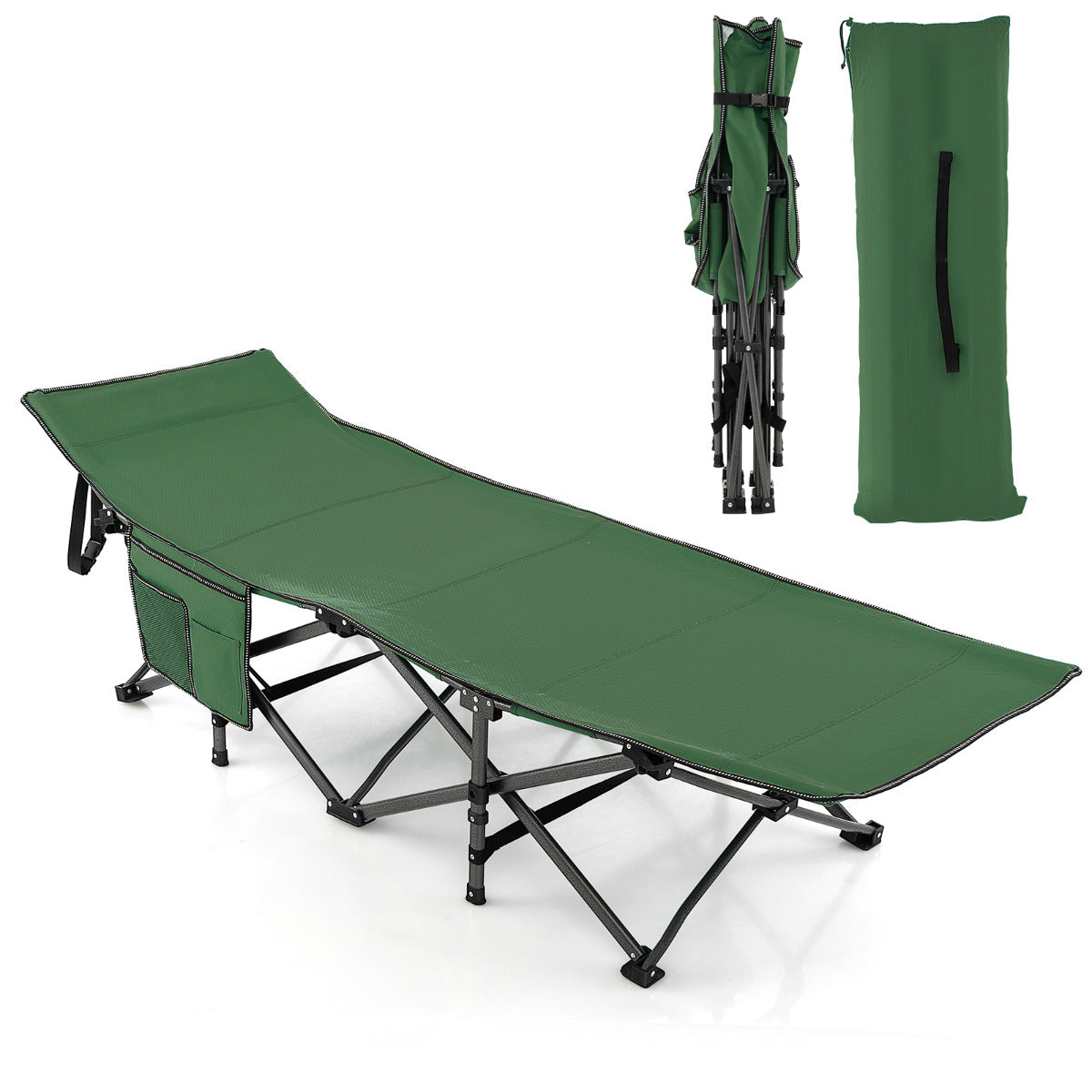 Cama Dobrável para Campismo Suporta 272 kg com Encosto de Cabeça Inclinado Portátil para Viagens Caminhadas Sestas no Escritório 185x67x54 cm Verde