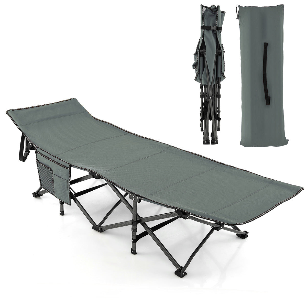 Cama Dobrável para Campismo Suporta 272 kg com Encosto de Cabeça Inclinado Portátil para Viagens Caminhadas Sestas no Escritório 185x67x54 cm Cinzento