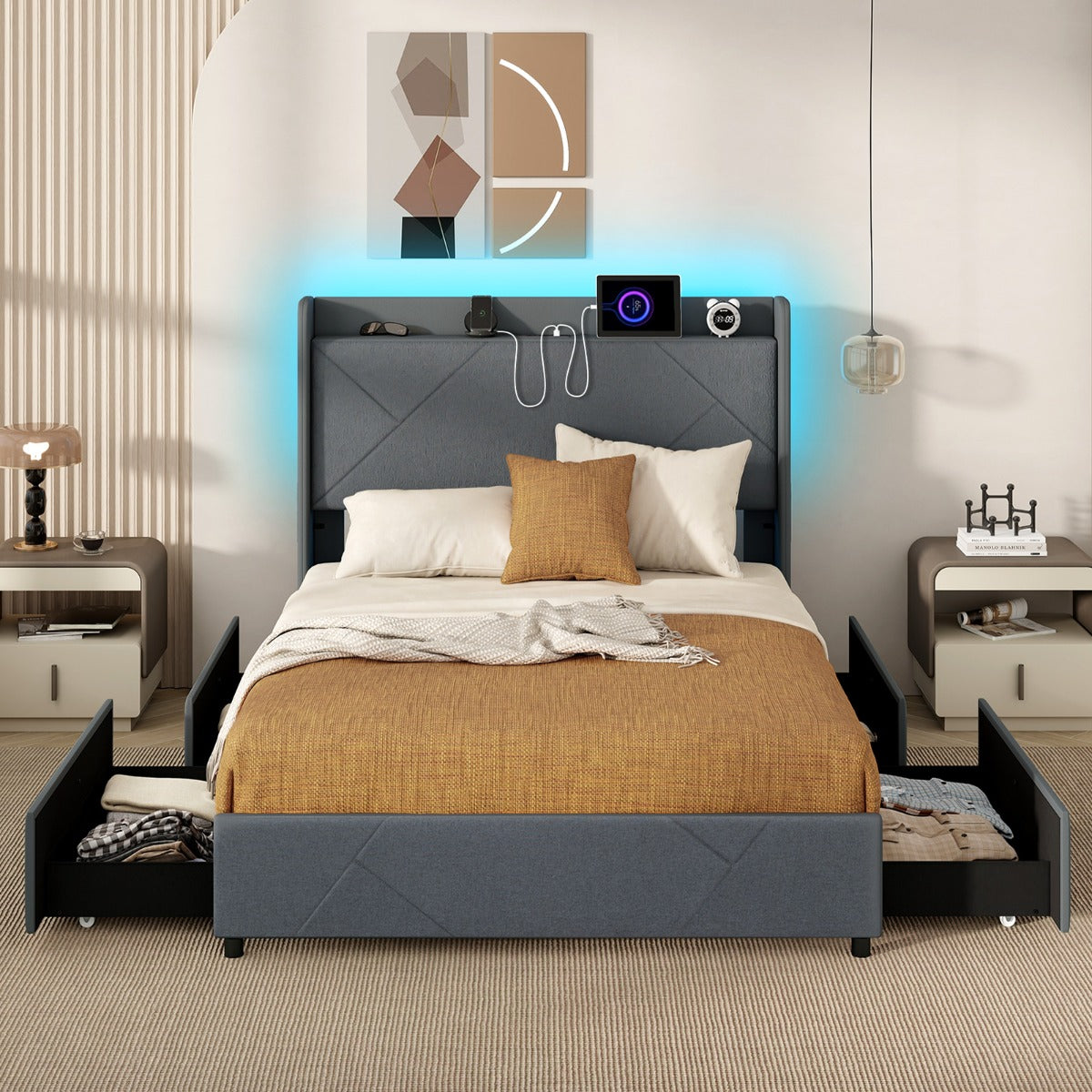 Estrutura de Cama com LED de Cor e Brilho Ajustáveis Controlo Remoto Cabeceira e 4 Gavetas Dobráveis para Quarto Cinzento
