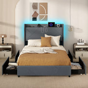 Estrutura de Cama com LED de Cor e Brilho Ajustáveis Controlo Remoto Cabeceira e 4 Gavetas Dobráveis para Quarto Cinzento