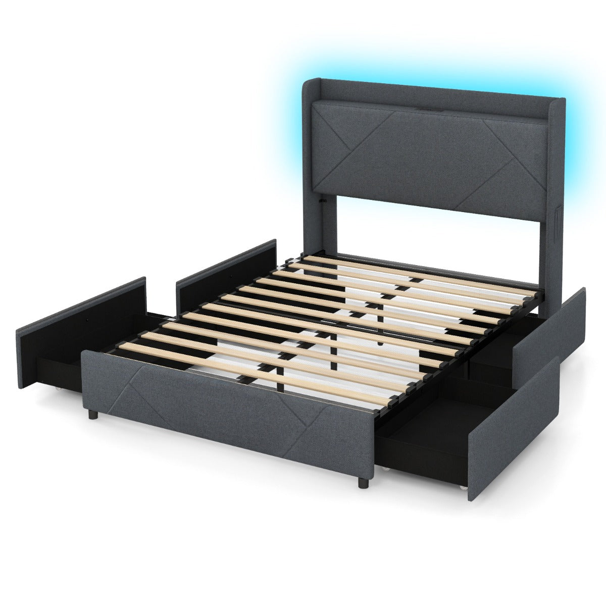 Estrutura de Cama com LED de Cor e Brilho Ajustáveis Controlo Remoto Cabeceira e 4 Gavetas Dobráveis para Quarto Cinzento