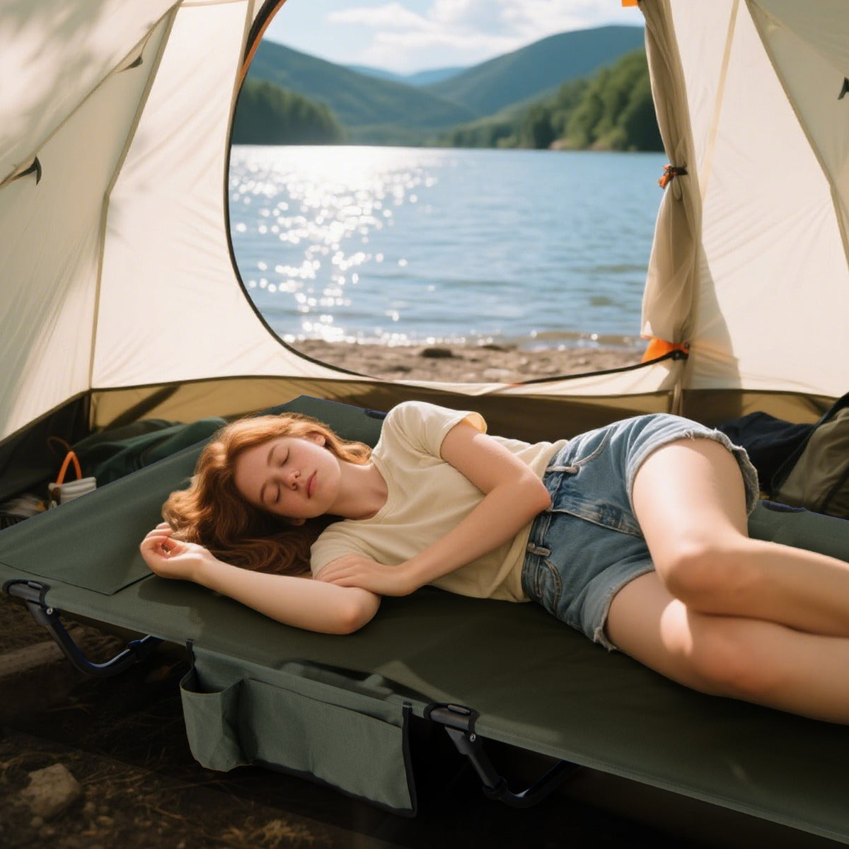 Cama de Campismo Dobrável com Bolsa de Transporte e Bolso Lateral para Campismo ao Ar Livre Até 150 kg 193 x 70 x 18 cm Verde