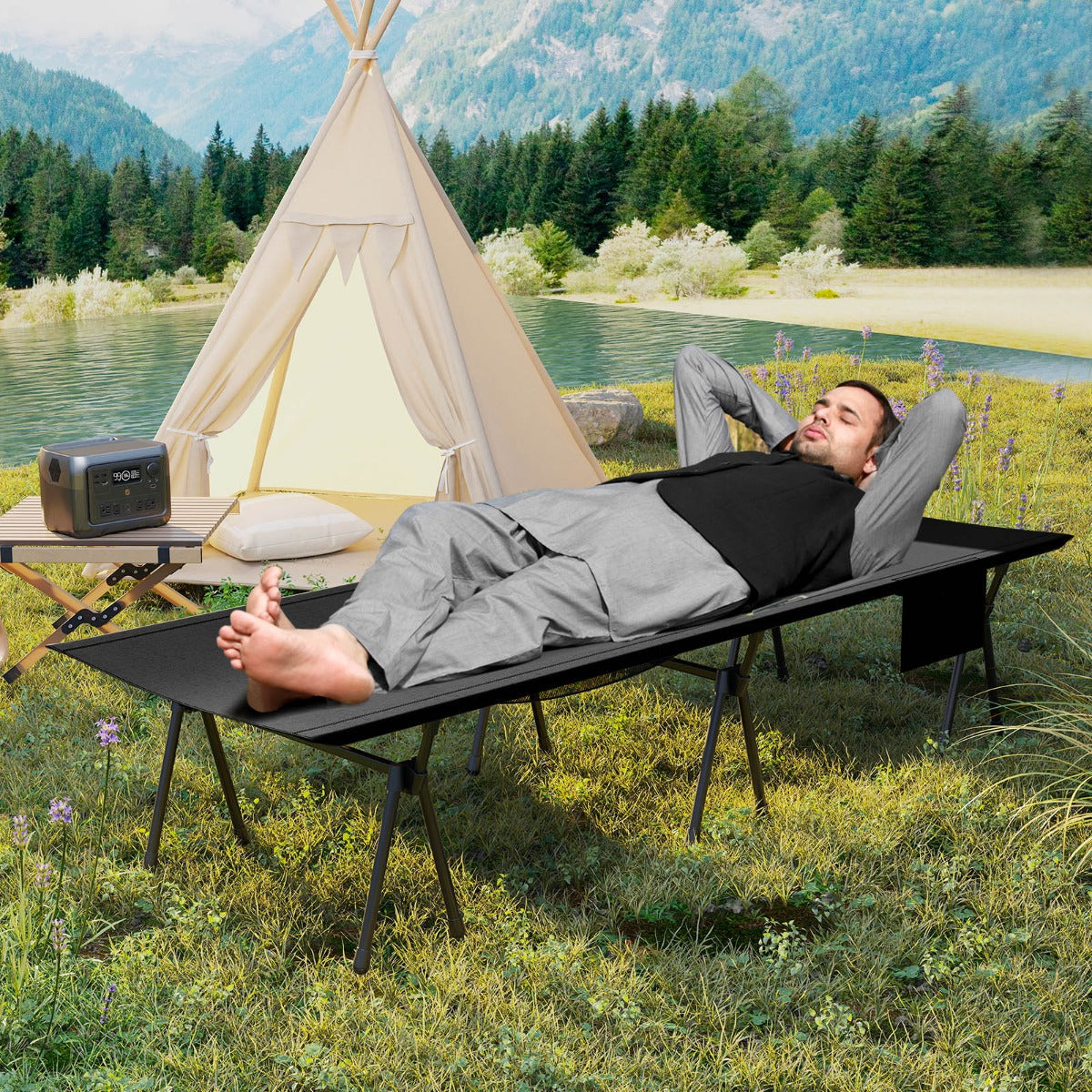Cama de Campismo Ajustável em Altura com Pernas Removíveis Bolsos de Armazenamento para Praia Piquenique Capacidade de Carga de 150 kg Preto