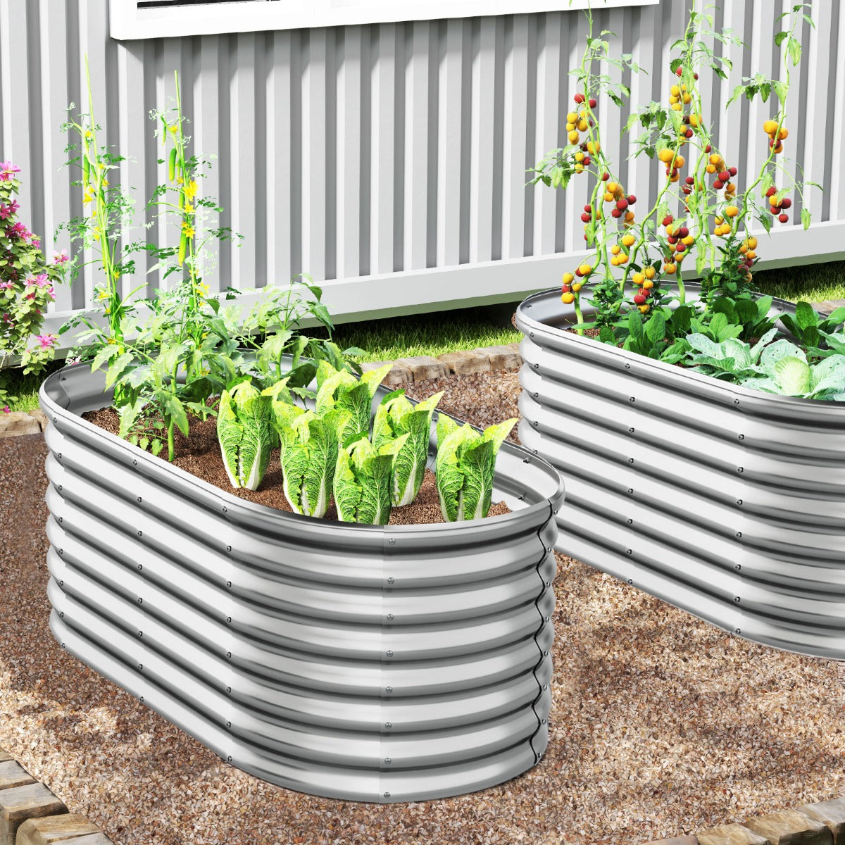 Jardinheira Metálica Elevada para Jardim com Base Aberta Placas Metálicas Revestidas a Pó Caixa de Plantação Exterior para Vegetais Prateado