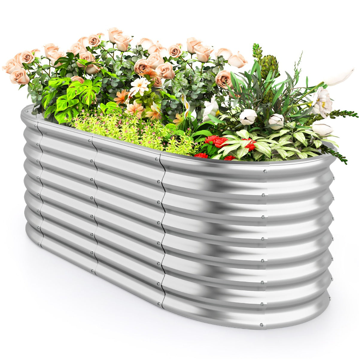 Jardinheira Metálica Elevada para Jardim com Base Aberta Placas Metálicas Revestidas a Pó Caixa de Plantação Exterior para Vegetais Prateado