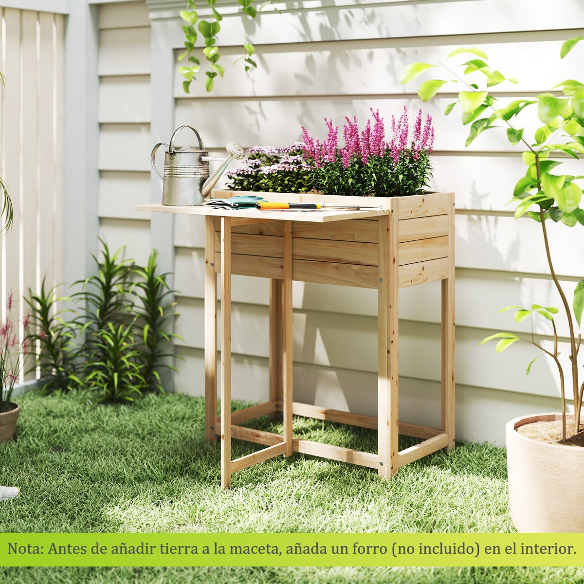 Cama de Jardim Elevada de Madeira com Pernas Mesa Lateral Dobrável Drenagem Caixa de Plantação Elevada para Pátio Varanda Natural
