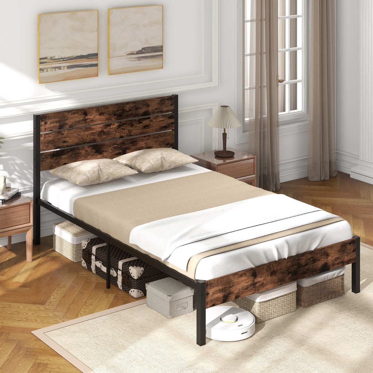Cama de Casal 140 x 200cm Estrutura Metálica Industrial com Cabeceira Alta e Barra de Silêncio - Espaço de Armazenamento Sob a Cama