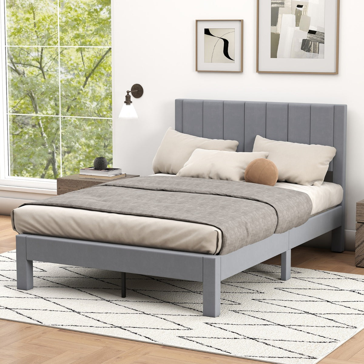 Cama de Plataforma com Cabeceira em Tecido de Veludo Suave e Estrado de Ripas de Madeira - Cinzento