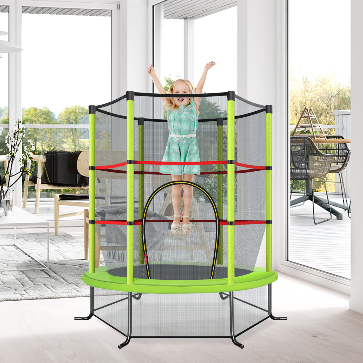 Cama Elástica para Crianças 165 cm Trampolim com Rede de Segurança e Almofada para Molas Recreativa Estrutura em Aço Verde