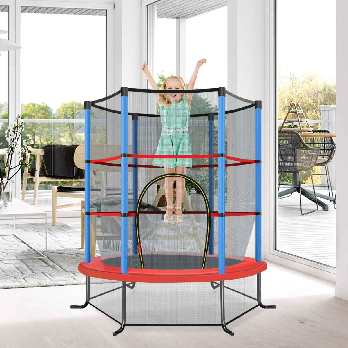 Cama Elástica Infantil 165 cm Trampolim com Rede de Segurança e Almofada para Molas Recreativa Estrutura em Aço Azul