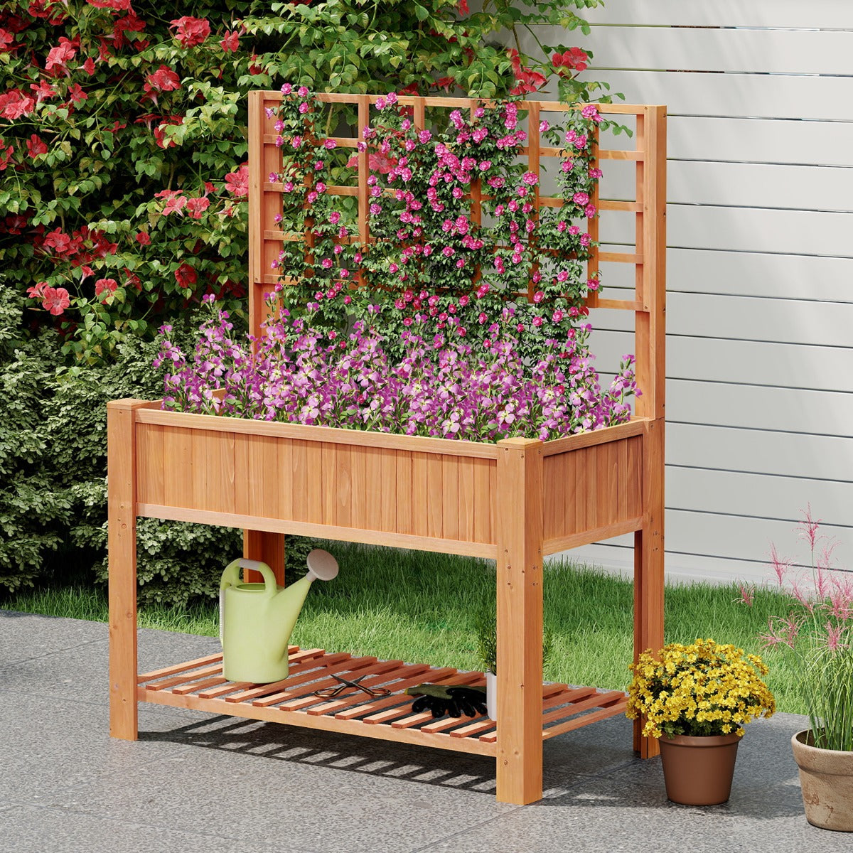 Cama Elevada de Jardim em Madeira com Floreira de 2 Níveis e Treliça para Plantas Trepadeiras Horto Independente Castanho-Vermelho