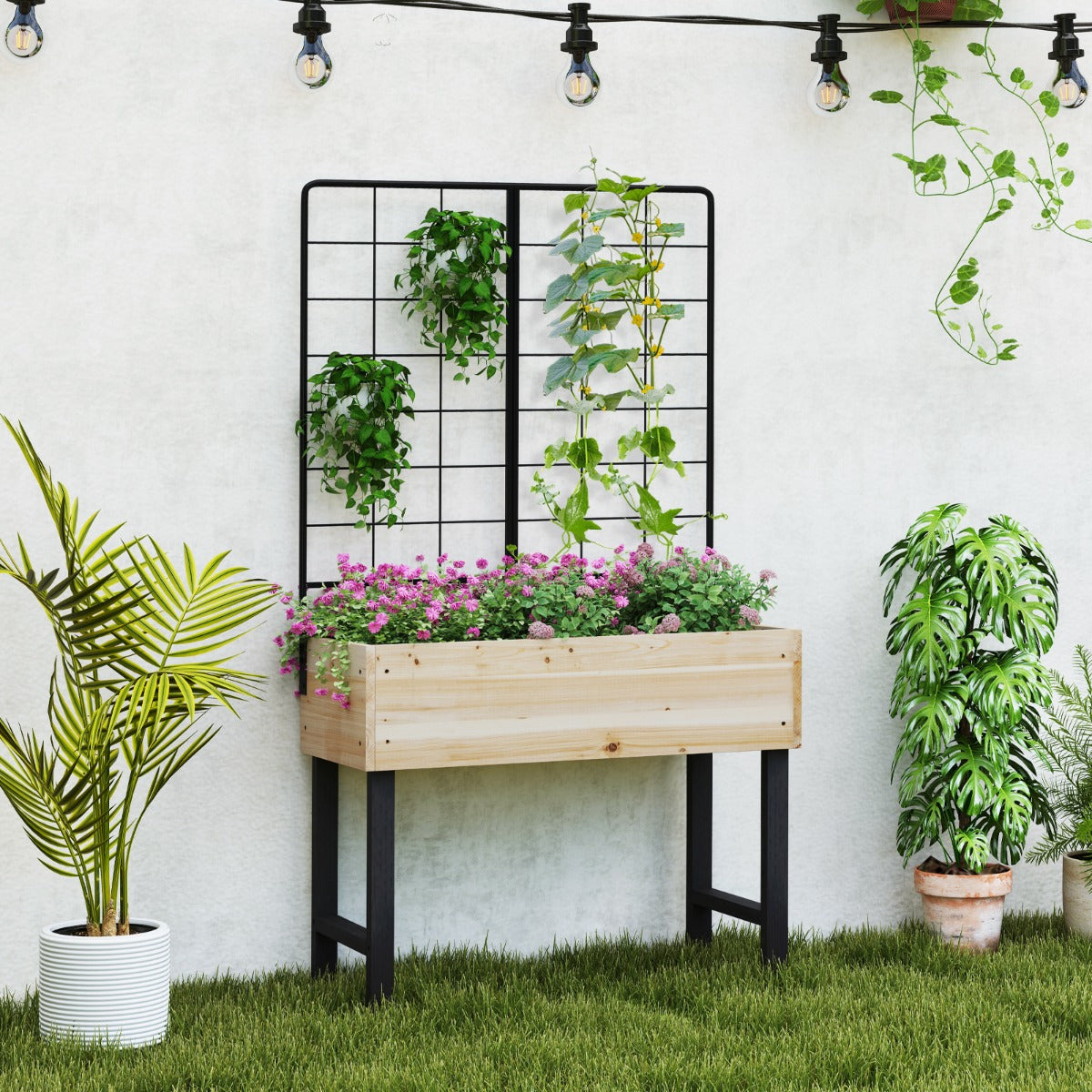 Cama de Jardim Elevada com Treliça e Prateleira para Ferramentas Caixa para Flores de Madeira de Abeto para Terraço, Pátio e Varanda Natural
