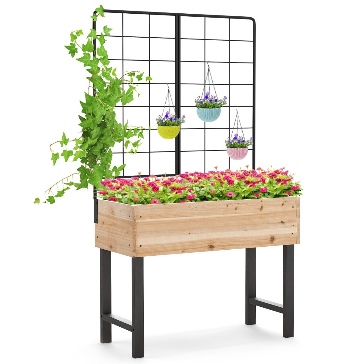 Cama de Jardim Elevada com Treliça e Prateleira para Ferramentas Caixa para Flores de Madeira de Abeto para Terraço, Pátio e Varanda Natural