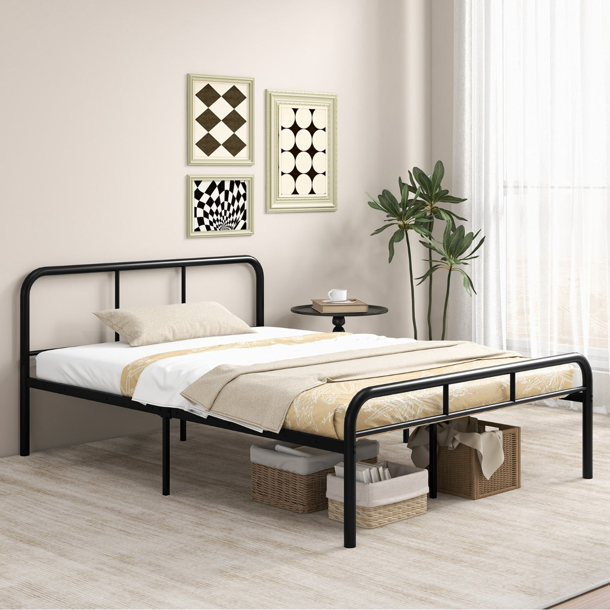 Cama de Casal Full Marco Metálico Estrutura com Cabeceira e Peseira Espaço Inferior 198 x 145 x 81 cm Preto