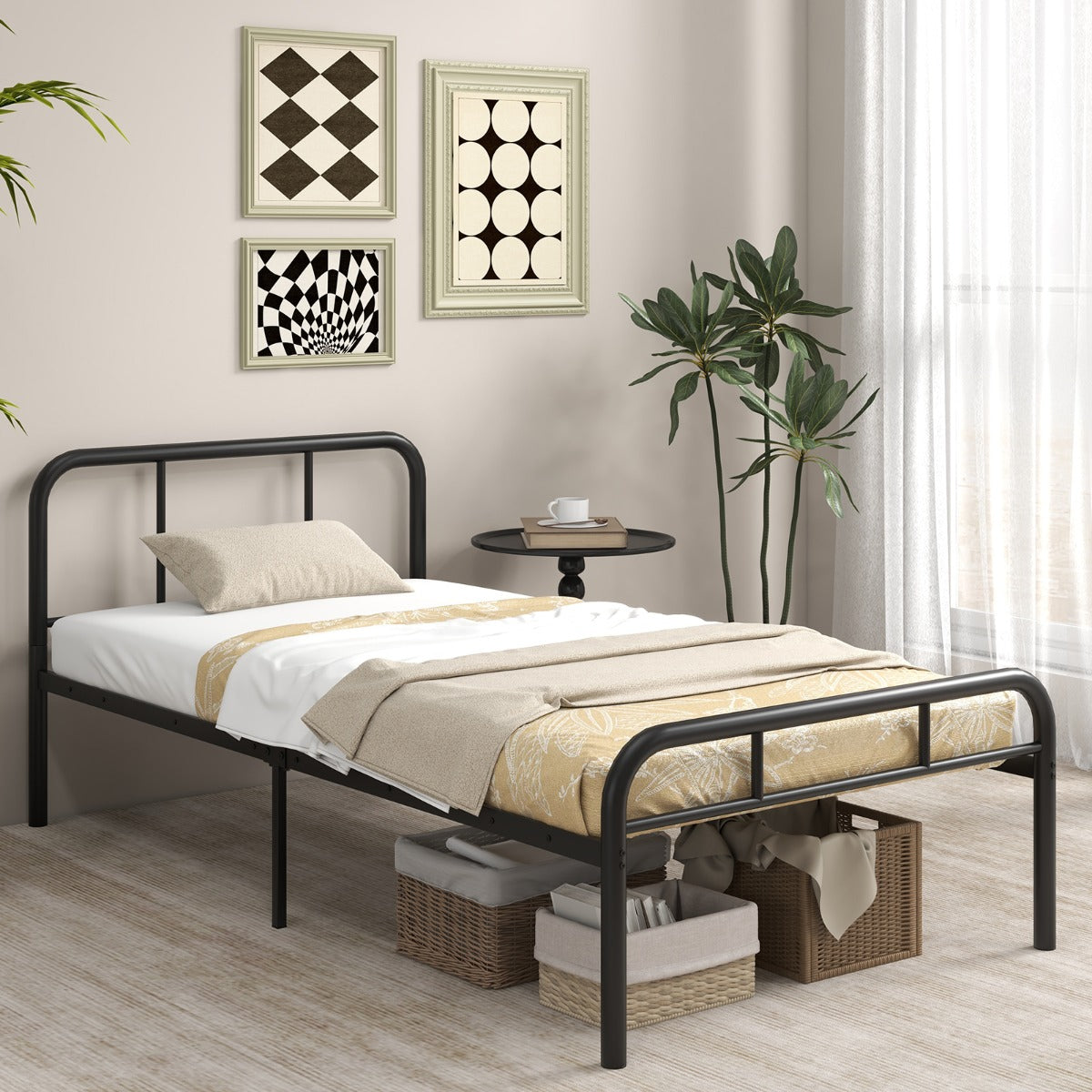 Cama de Casal Twin em Estrutura Metálica com Cabeceira e Estrado Espaçoso 208 x 95 x 81 cm Preto