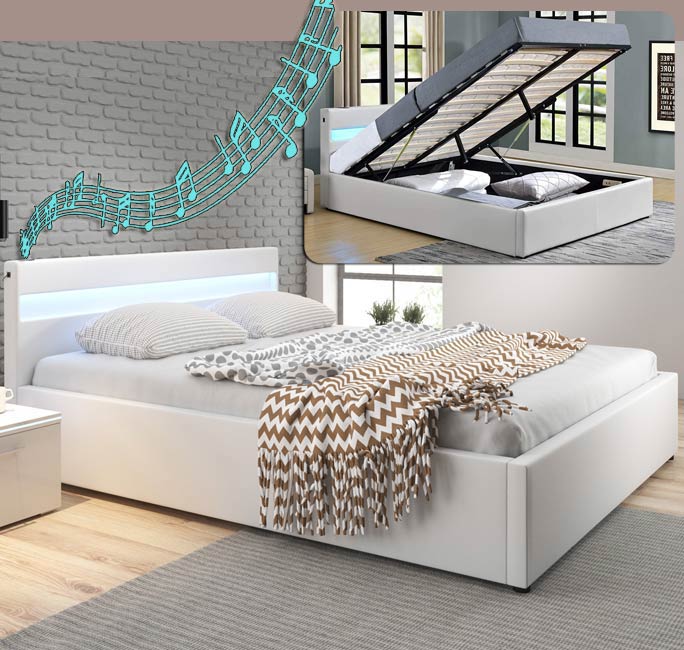 Cama de casal canapé com música (subwoofer) Barry em branco (180x200cm)
