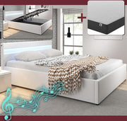 Cama de casal canapé com música (subwoofer) Barry branca com colchão (180x200cm)