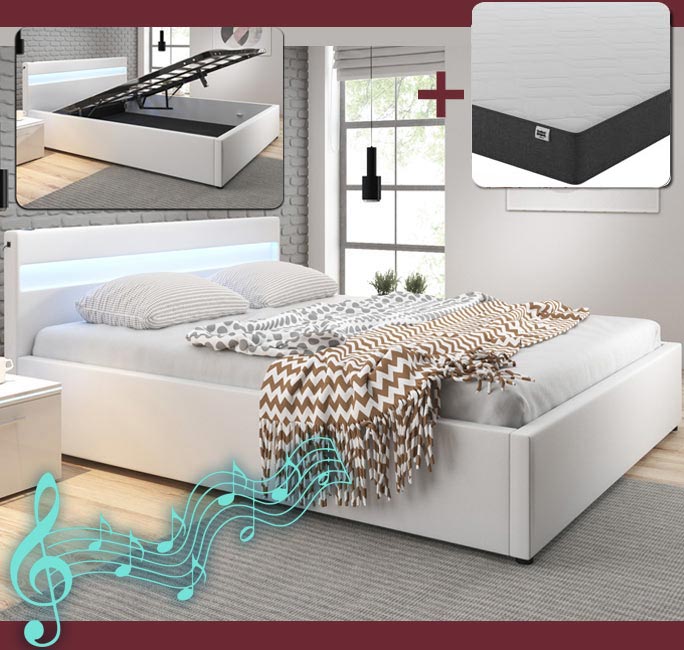 Cama de casal canapé com música (subwoofer) Barry branca com colchão (180x200cm)