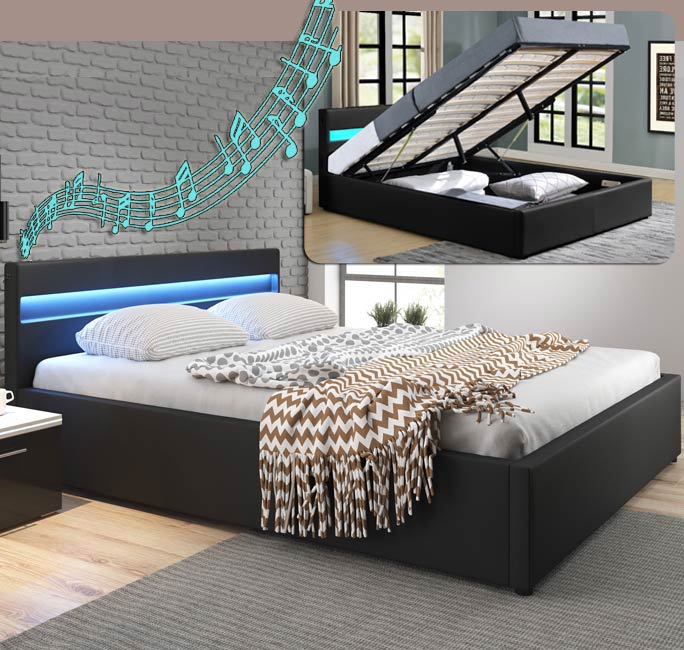 Cama de casal canapé com música (subwoofer) Barry em preto (180x200cm)