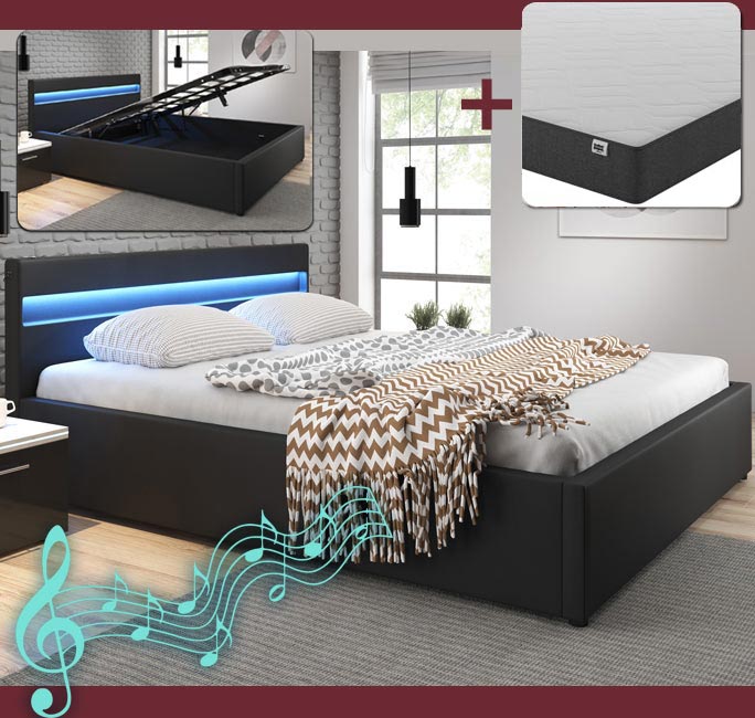 Cama de casal canapé com música (subwoofer) Barry em preto com colchão (150x190cm)