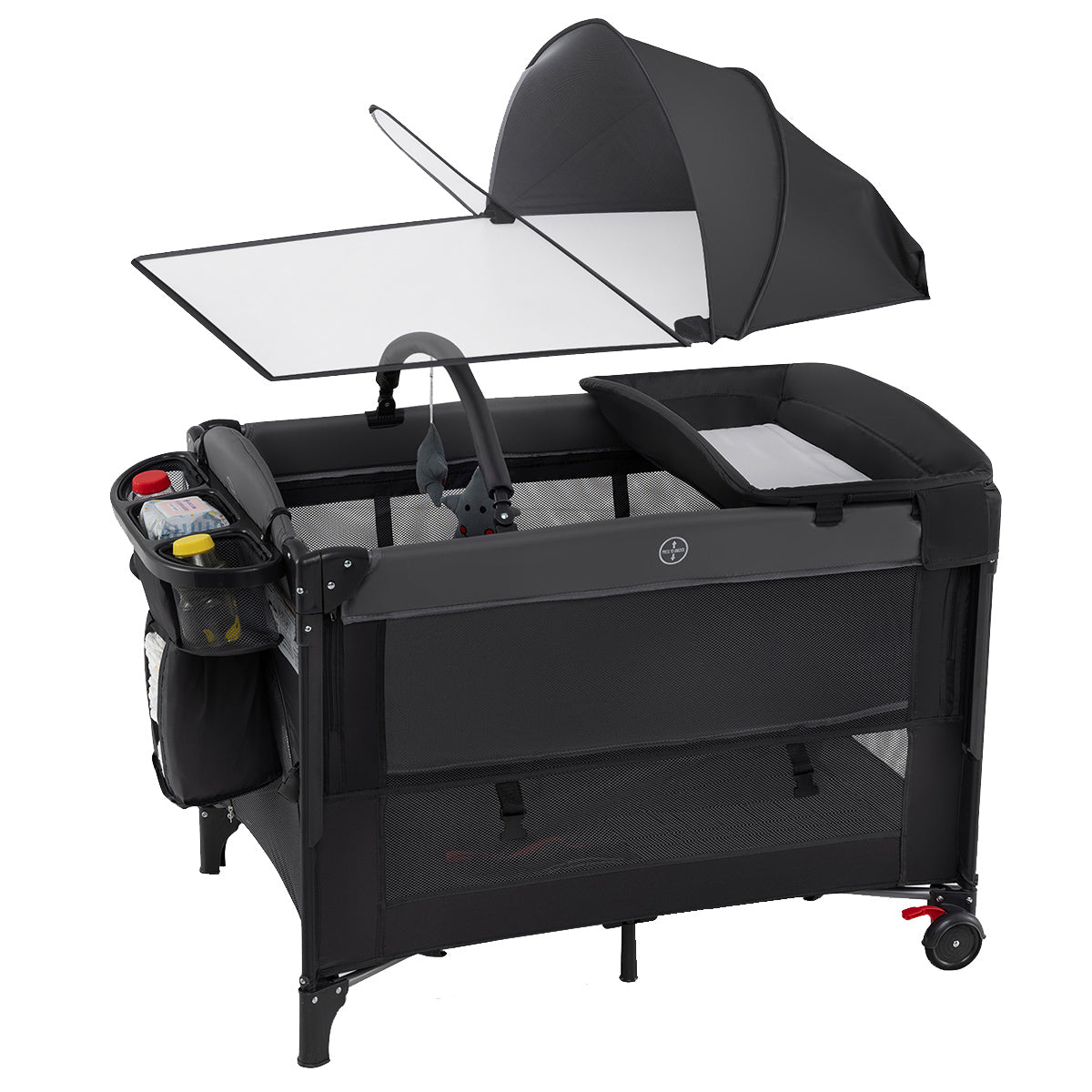 Cama Multifuncional para Bebé 4 em 1 com 4 Alturas Colchão Armazenamento e Bolsa de Transporte para 0 a 3 Anos 125 x 65 x 77 cm Preto