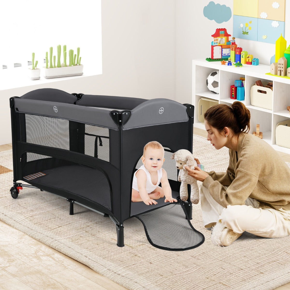 Cama Multifuncional para Bebé 4 em 1 com 4 Alturas Colchão Armazenamento e Bolsa de Transporte para 0 a 3 Anos 125 x 65 x 77 cm Preto