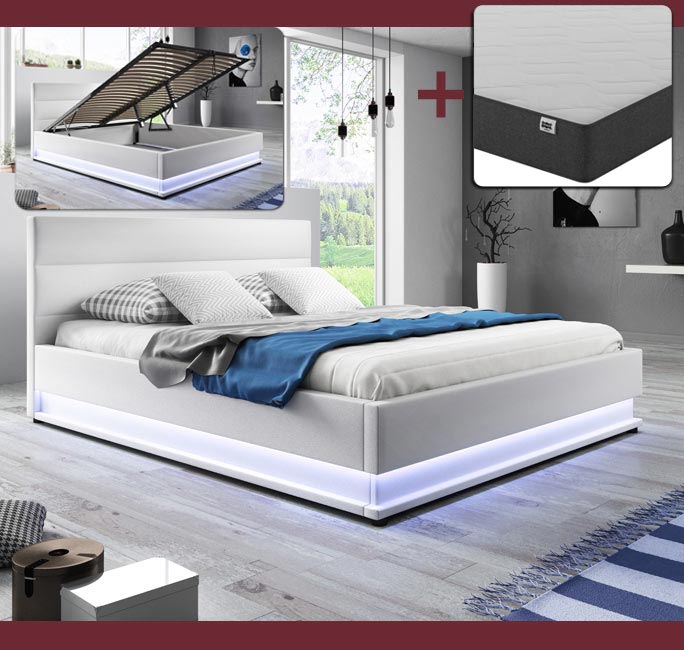 Cama de casal com baú Naomi em branco com colchão (150x190cm)