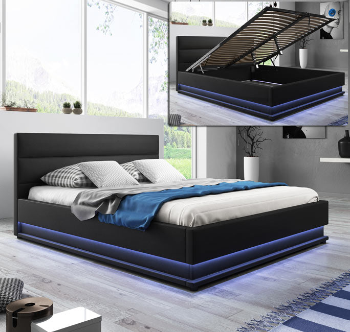 Cama de casal com sommier Naomi em preto (150X190cm)