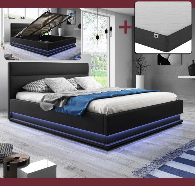 Cama de casal canapé Naomi preta com colchão (150x190cm)