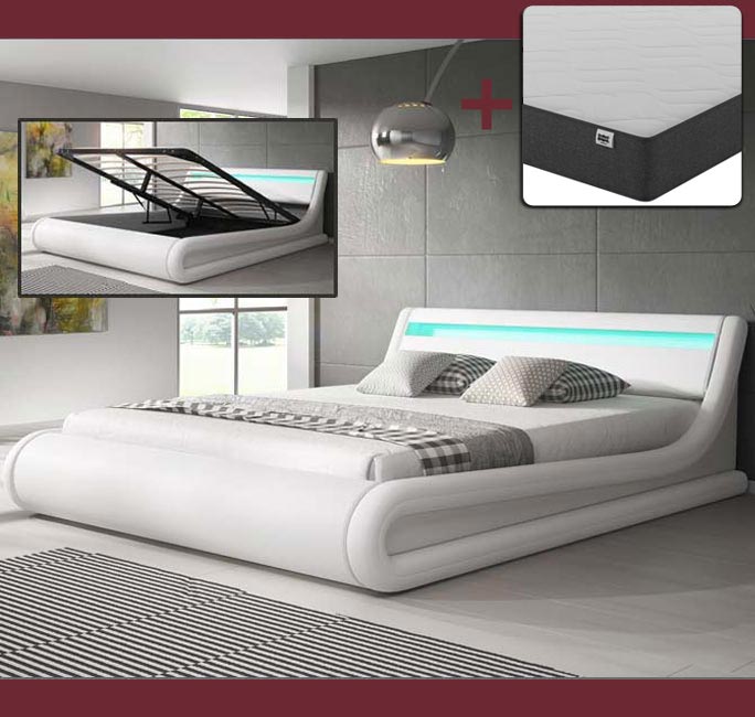 Cama canapé de casal Patricia branca (150x190cm) com colchão Texas