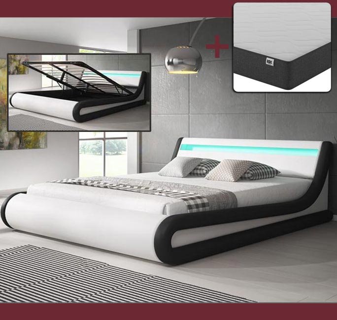 Cama Canapé Matrimonial Patricia em Branco e Preto (180x200cm) com Colchão Texas