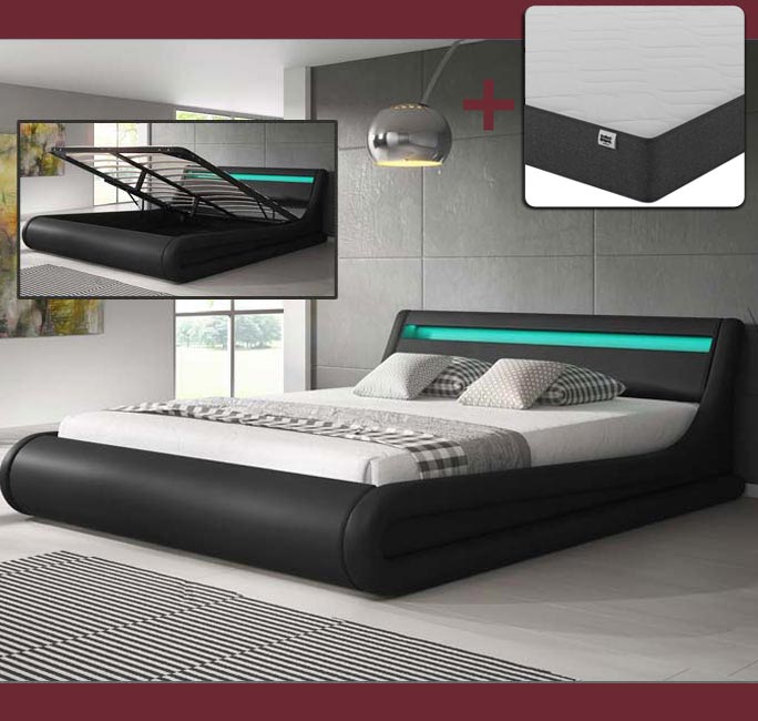 Cama canapé de casal Patricia preta (150x190cm) com colchão Texas