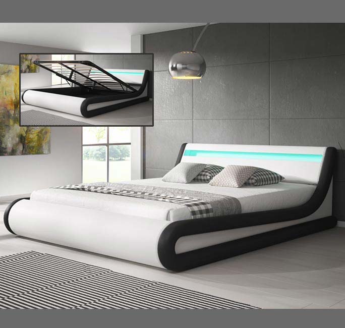Cama de casal com estrado Patricia em branco e preto (150x190cm)
