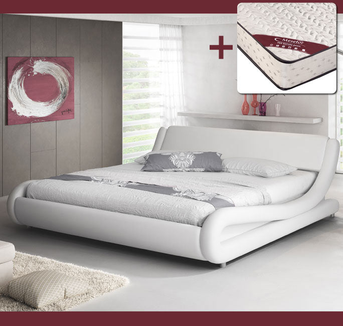 Cama de casal Piccione branco (135x190cm) com colchão Texas