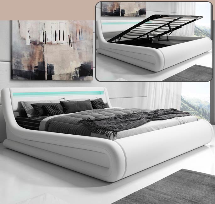 Cama de casal com canapé Riana em branco (180x200cm)