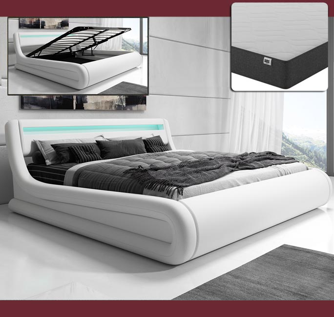 Cama de casal com canapé Riana em branco com colchão (150x190cm)