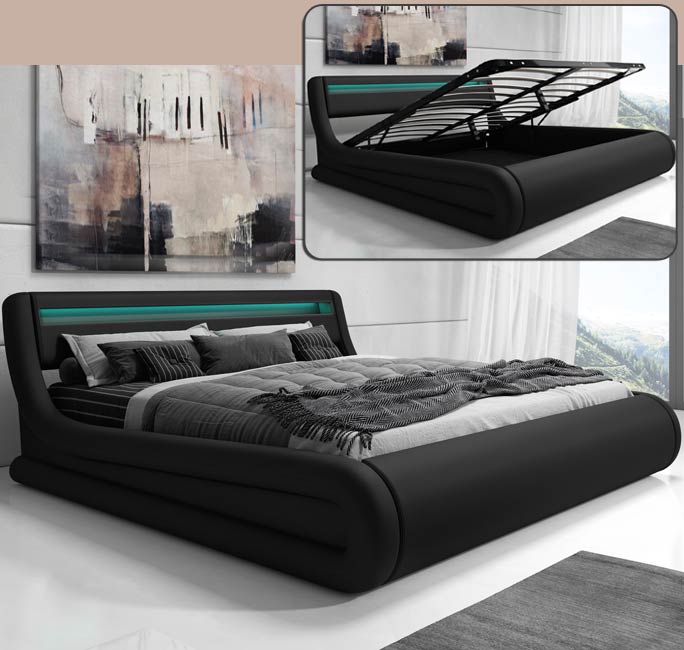 Cama de casal com estrado Riana em preto (180x200cm)