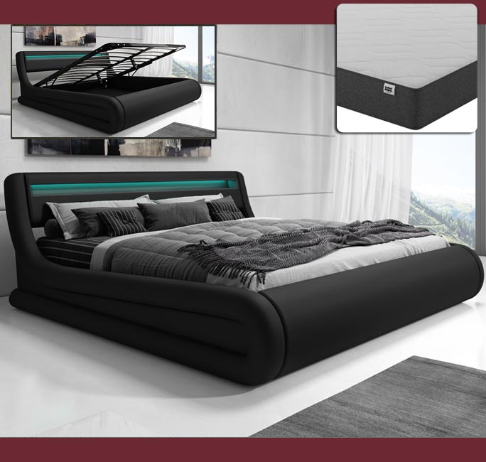 Cama de casal com canapé Riana preto com colchão (180x200cm)